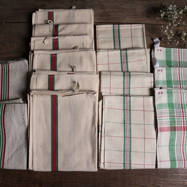 Choose your set. French linen-cotton metis or pure linen tea towels. Red Green stripe. French country kitchen. Rustic farmhouse