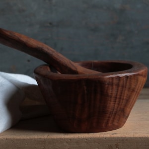 Vintage french Olive wood rustic mortar and pestle. Hand carved Olive tree wood Photo props wooden bowl. Rustic french country kitchen