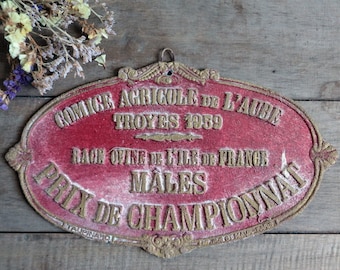 French vintage agricultural prize award plaque for sheep. Cherry red gold Rustic Farmhouse Shabby french Jeanne d'Arc living