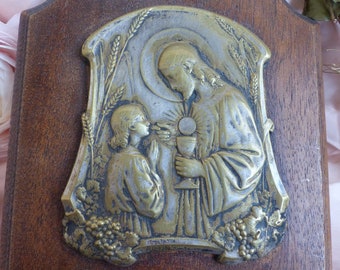 Antique french holy water font. Christ and child. Communion. Antique Catholic holy water font. Religious home decor. Christian home
