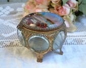 Antique french beveled glass jewelry box.Trinket box. Rosary jewel box. Beveled glass jewelry box. French glass souvenir box. Vanity Boudoir