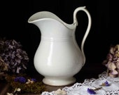 Antique french white footed ironstone washing pitcher. Antique white ironstone pitcher. Jeanne d 39 Arc living. French nordic decor.