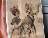 Antique french glove box with lithograph of women. Antique paper box with lithograph of young women in late 18th century dress.
