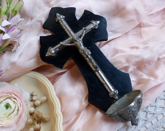 Antique french holy water font. Antique crucifix. Early 1900s. Christian home decor. Napolean III ebonized wood crucifix.
