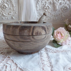 Antique french wooden mortar and pestle. Photo props wooden mortar with pestle. Vintage rustic wooden bowl. Rustic french country kitchen