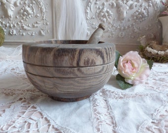 Antique french wooden mortar and pestle. Photo props wooden mortar with pestle. Vintage rustic wooden bowl. Rustic french country kitchen