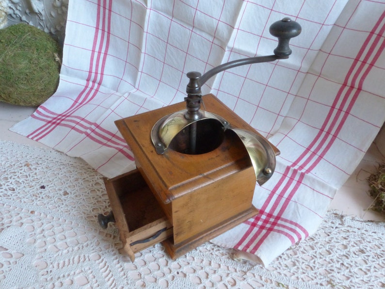 French coffee grinder French country kitchen Rustic farmhouse Manual grinder Antique french Peugot wood coffee grinder with brass cover