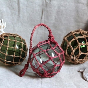 Set of 3 French vintage green glass fishing net float in jute rope Fishing net weight Buoy ball Nautical decor Garden Beach Coastal living