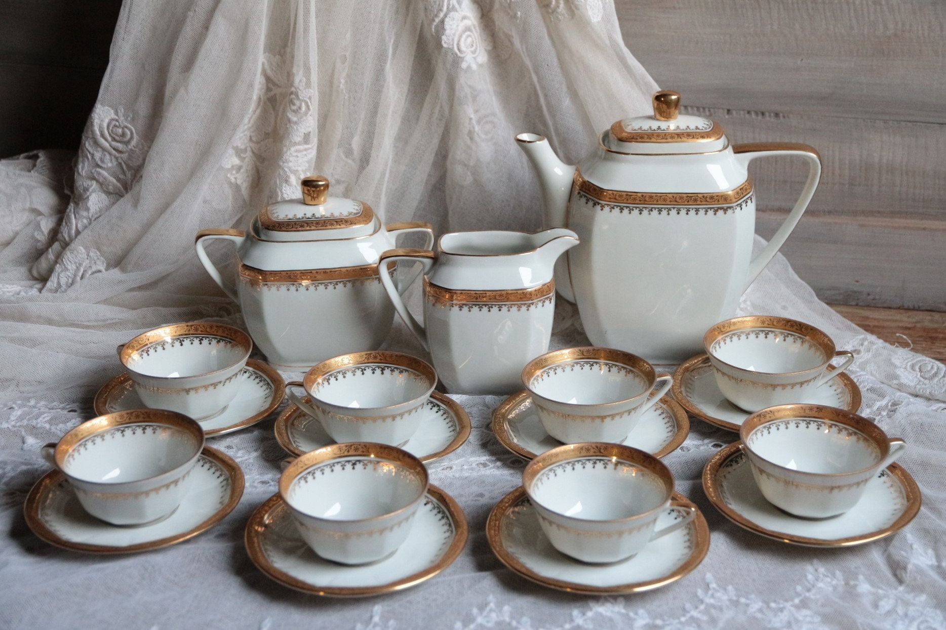 French Vintage Limoges Porcelain Coffee Service With Gold
