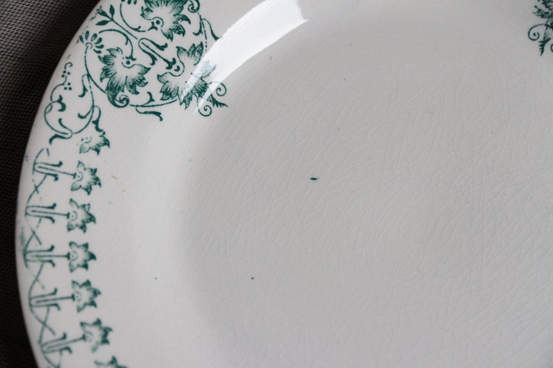 Ensemble de 6 assiettes plates anciennes de style Art nouveau en transfert vert, France. Assiettes en pierre de fer françaises image 5