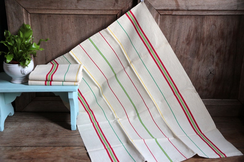 Set of 3 French vintage never used thick metis linen cotton tea towels. Green red yellow stripe Rustic French country ktichen. Farmhouse image 5