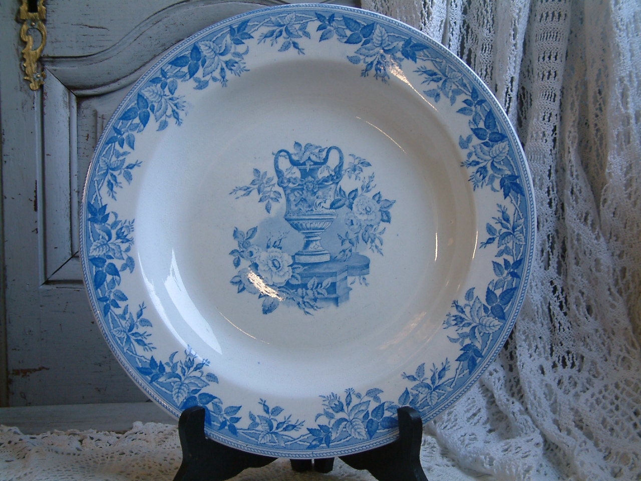 Antique Anglais Bleu Transferware Grand Plat de Service. Transfert Peu Profond. Bates, Walker Co. Dé