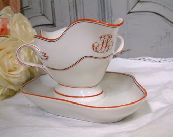 Antique French Porcelain Gravy Boat, Monogram PR, Orange & Black Trim