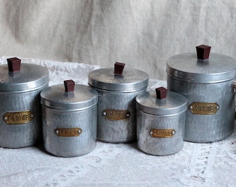 Antique French Aluminum Kitchen Canisters, Art Deco Brass Labels, Set of 5