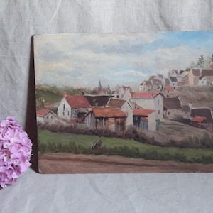 Pintura al óleo de un antiguo paisaje de pueblo francés. Pintura popular naif con paisaje romántico. Casa de campo rústica. Cabaña rústica francesa.