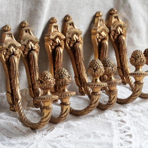 Set of 6 large antique french gilded bronze curtain tie hooks. Curtain hold back. Louis XVI style. French chateau chic
