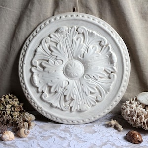 Antique french large plaster architectural ceiling rosette. Salvage achitectural plaster fragment Romantic shabby chic french chateau decor