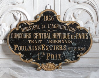 Antique french large agricultural prize award plaque for horses. Equestrian Black gold Rustic Farmhouse Shabby french Jeanne d'Arc living