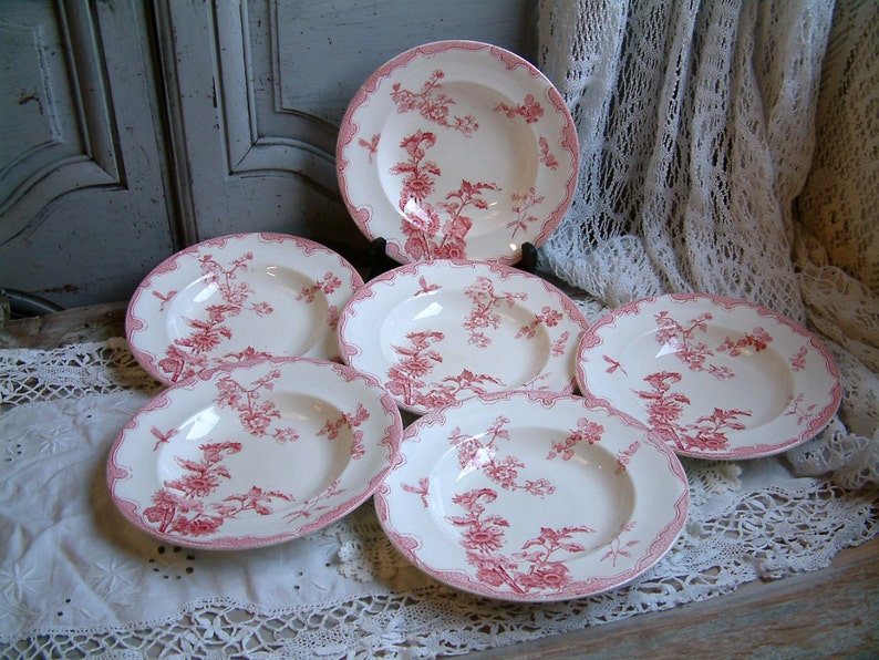 Jeanne d/'Arc living Set of 6 Antique french ironstone red transferware soup plates French transferware Gustavian home french shabby chic