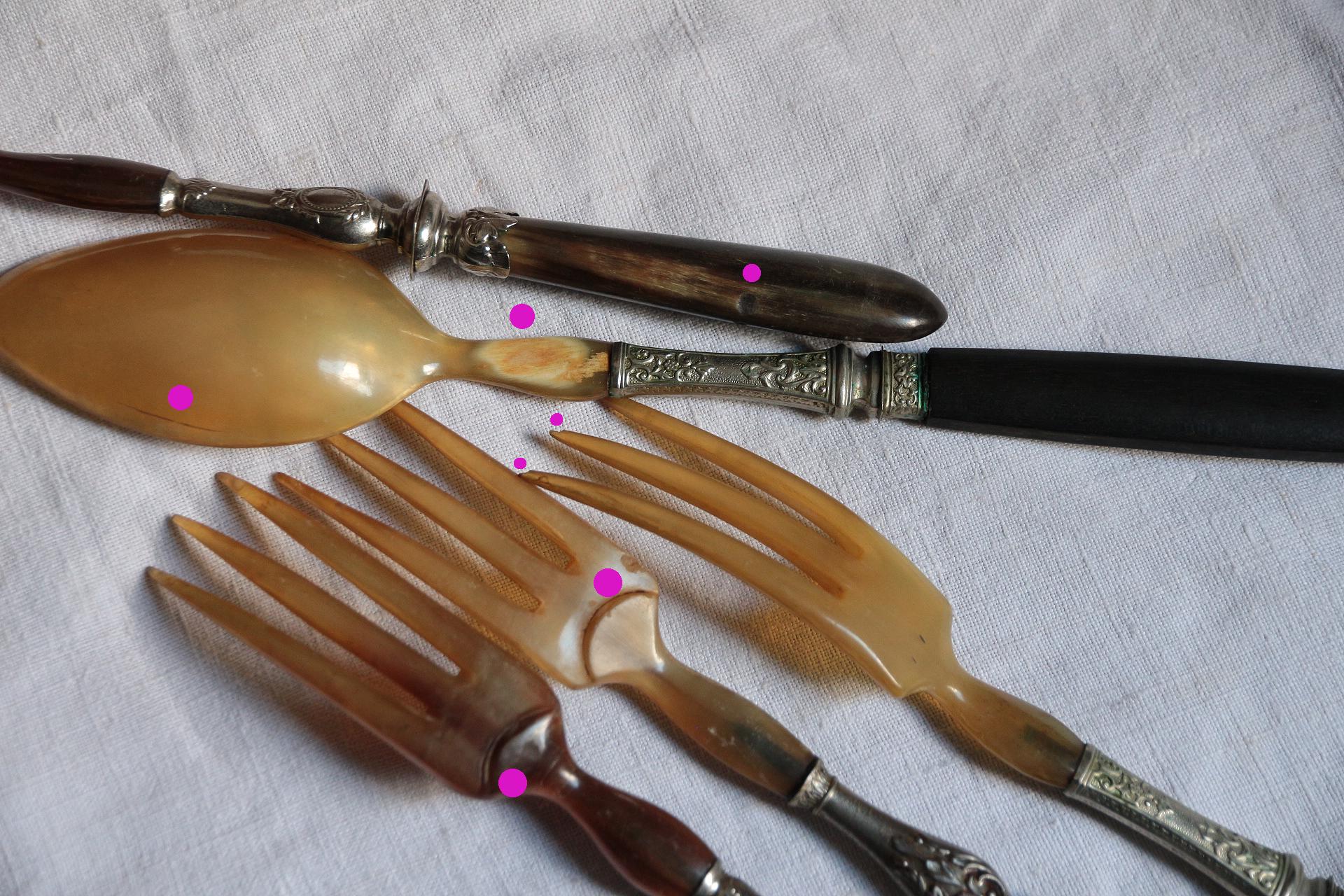 アンティークフレンチサラダサービングセット（4組）角と黒檀の木製