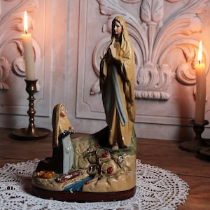 Antique french LOURDES painted chalkware statue. Bernadette Soubirous, Lourdes shrine statue, Virgin mary statue. Our Lady of Lourdes statue