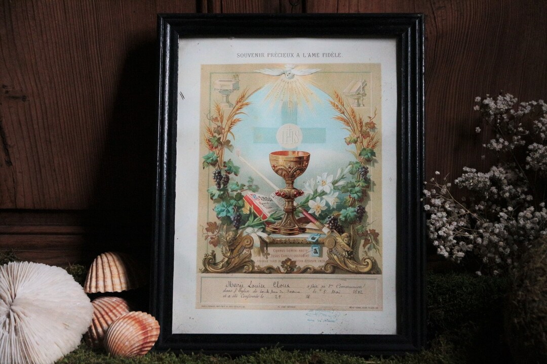Certificado de primera comunión francés antiguo litografía Etsy México