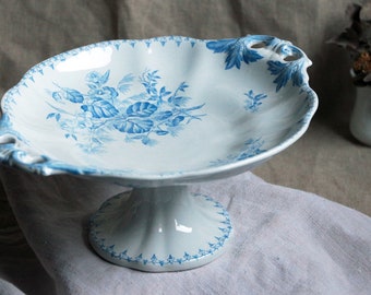 Antique french sky blue transferware pedestal cake stand. Compote plate with handles. Footed dessert stand. Flore UC Sarreguemines