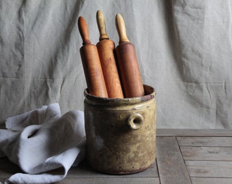 Antique french large ochre glazed pottery confit pot with handles Antique glazed terracotta earthenware Kitchen canister Utensil storage jar