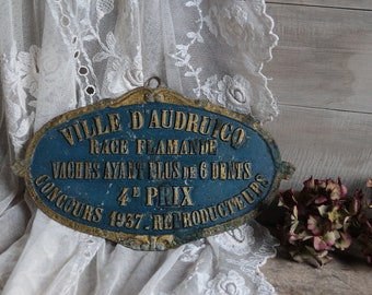 Antique french agricultural prize award plaque for Flemish race cattle. Blue and gold Rustic Farmhouse Shabby french Jeanne d'Arc living