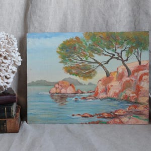 Französisches Vintage Küstenölgemälde, Küstenlandschaft, Rote Klippen Kunst