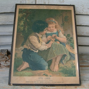 Antique color lithograph of children. Girl and Boy. Girl knitting. Little lovers. Jeanne d&#39;Arc living, French Nordic. Shabby chic poster
