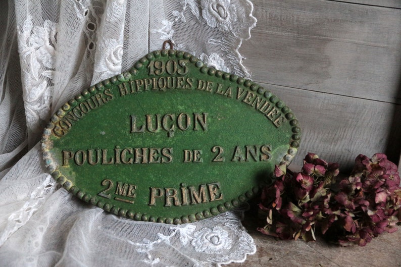 Antique french equestrian prize award plaque for horses. Dark faded green. Rustic Farmhouse Shabby french Jeanne d'Arc living image 2