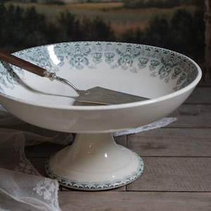 Antique french green transferware pedestal cake stand. Art Nouveau decor. Footed dessert plate. Compote dish. Choisy le Roi.