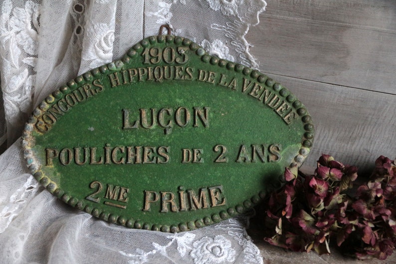 Antique french equestrian prize award plaque for horses. Dark faded green. Rustic Farmhouse Shabby french Jeanne d'Arc living image 1