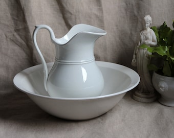 Antique french white ironstone basin / washing pitcher. White ironstone Bathroom set. Victorian wash basin and pitcher