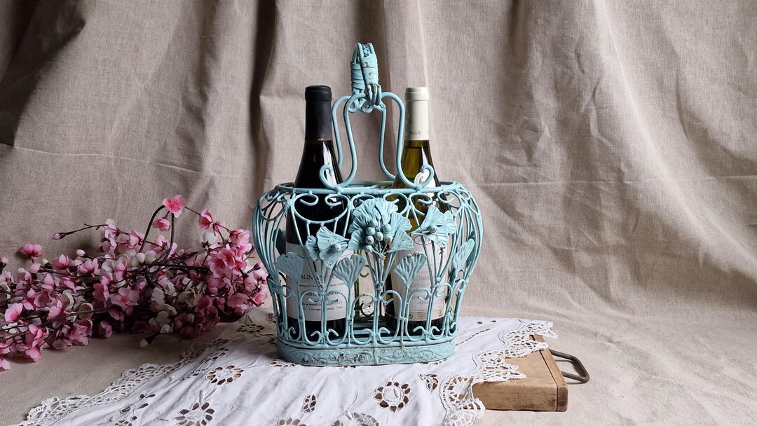 Vintage French Turquoise Painted Metal Wine Bottle Carrier Rustic ...