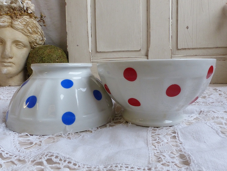 French vintage red and blue polka dot bowls French vintage coffee bowls Chauvigny porcelain cafe au lait bowls French country kitchen