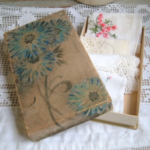 Antique french glove box with hand painted blue flowers. Antique paper handkerchief box. Lace. Ribbon. Antique paper box. French cottage