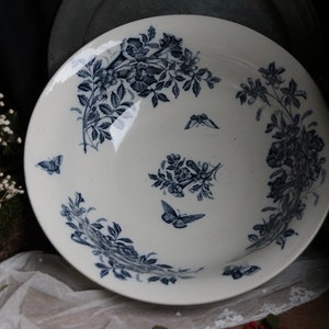 Antique french large indigo blue transferware bowl. Jasmine flowers. Serving bowl. Fruit bowl. Giant salad bowl. French country. Romantic