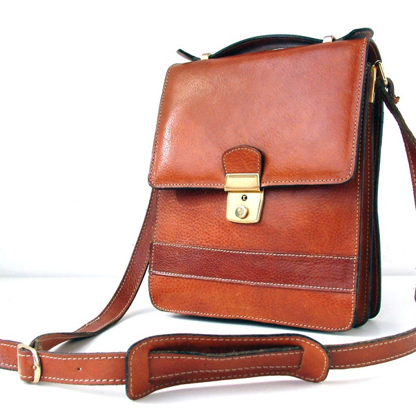 French vintage genuine leather brown leather satchel. Long strap. Unisex leather cross body satchel. Man bag.  Ipad