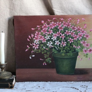 Antique french oil painting of pink flowers. Clover flowers flower pot. Flower still life Shabby chic cottage romantic Cottage core decor