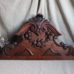 Antique french large walnut wood furniture pediment. Sculpted wood Architechtural salvage