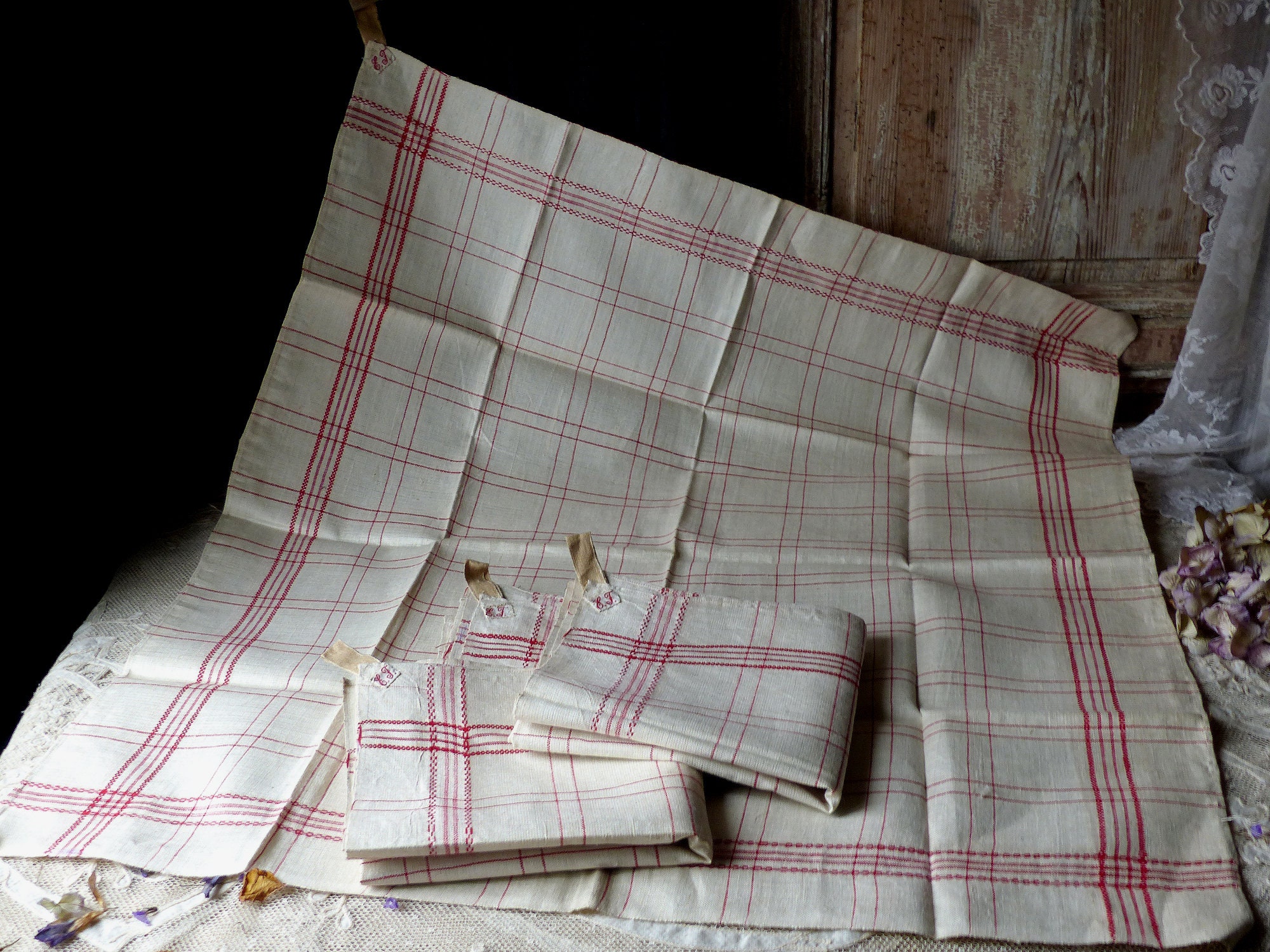 Ensemble de 3 Français Thé Au Linge Pur. Serviettes Cuisine à Carreaux Rouges Rustiques. Jamais Util