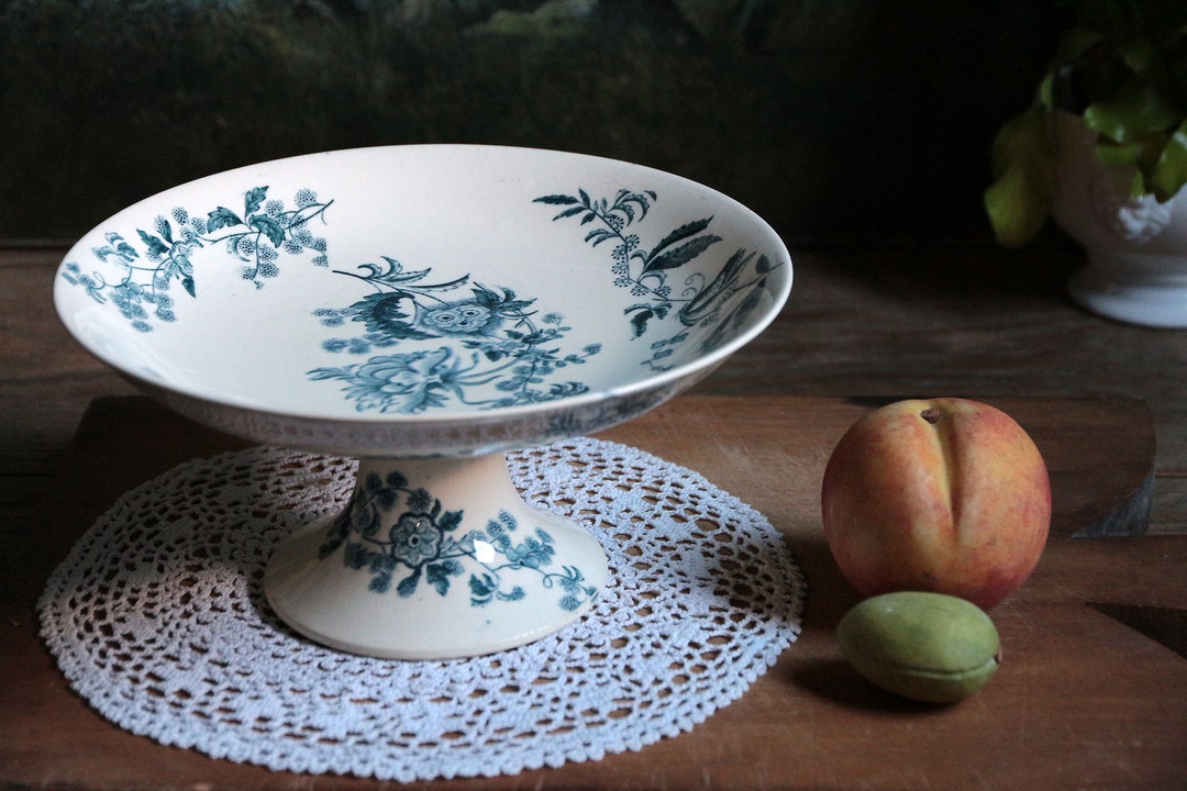 Antique French Teal Blue Transferware Pedestal Cake Stand. Compote ...