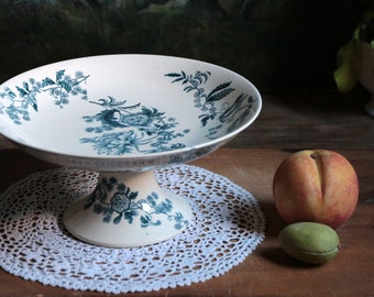 Antique french teal blue transferware pedestal cake stand. Compote plate. Footed dessert stand.