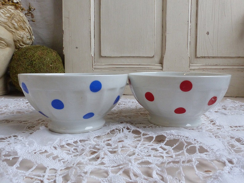 French vintage red and blue polka dot bowls French vintage coffee bowls Chauvigny porcelain cafe au lait bowls French country kitchen