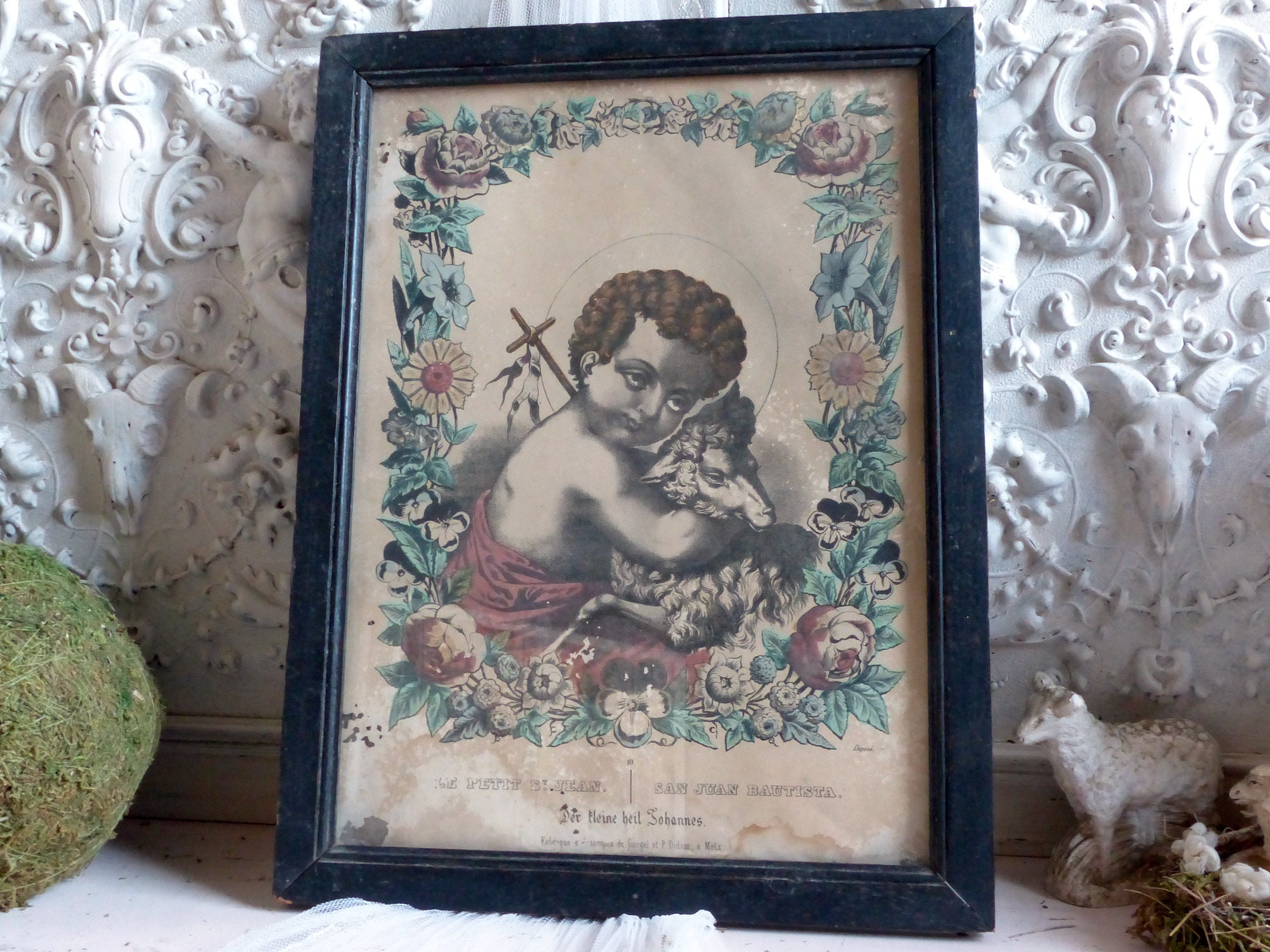 Lithographie Antique Français Colorée à La Main de L'enfant Saint Jean Le Baptiste. Saint-Jean et La