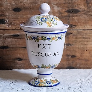 French vintage pharmacy jar with lid. Hand painted apothecary jar Herbalist Naturopath office decor Glazed terracotta Moustiers France