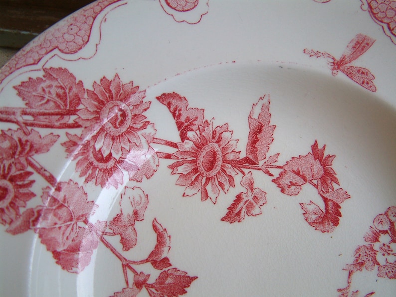 Jeanne d/'Arc living Set of 6 Antique french ironstone red transferware soup plates French transferware Gustavian home french shabby chic