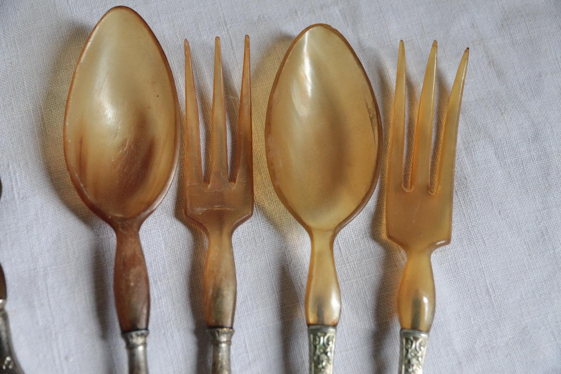 アンティークフレンチサラダサービングセット（4組）角と黒檀の木製